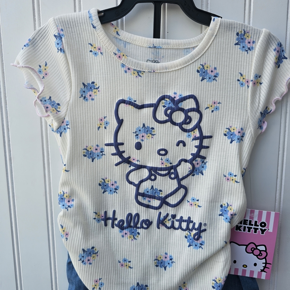 NEW Hello Kitty Floral T-Shirt and FAUX Denim Shorts Set 2T - Picture 3 of 5